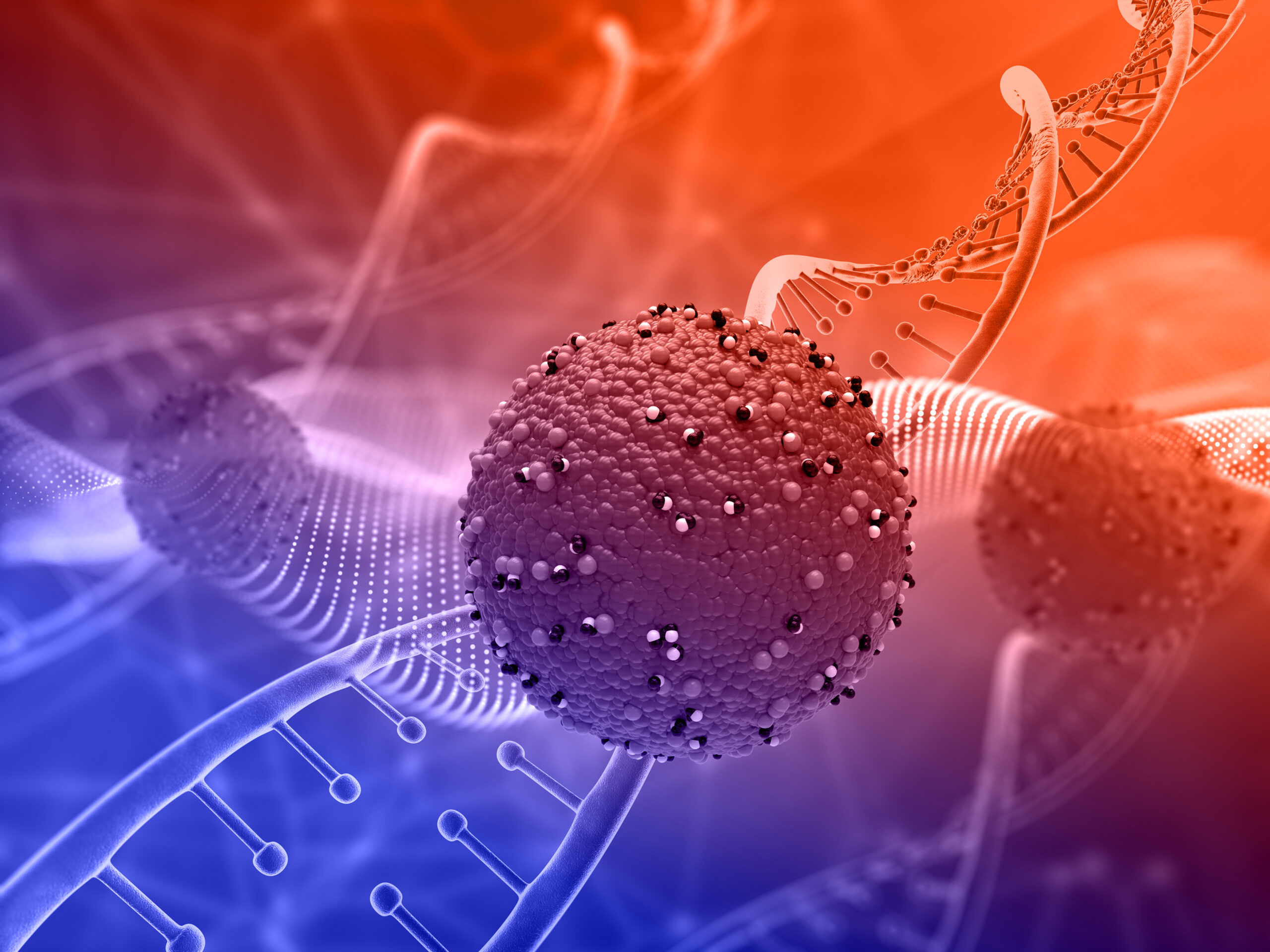 DNA strands and cancer cells highlighting genetic analysis.