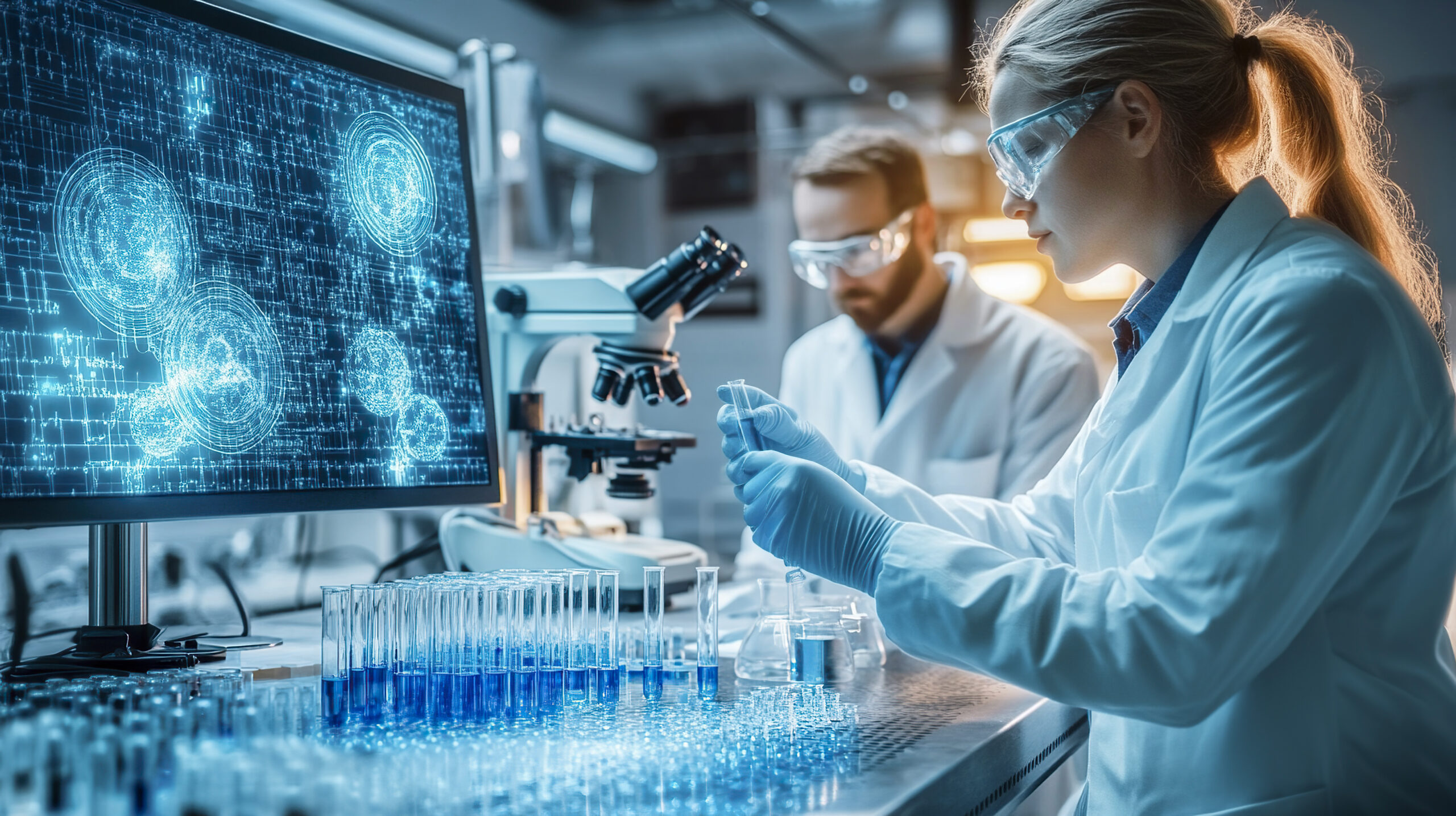 Precision Medicine scientists analyze DNA data for personalized disease treatment in labs